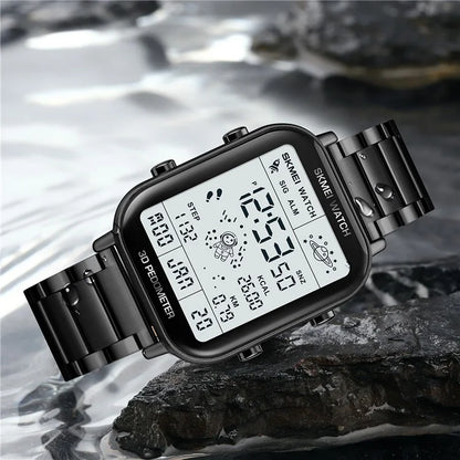 SKMEI 1888 Business Men Square Electronic Watch Steel Strap Sport Digital Watch