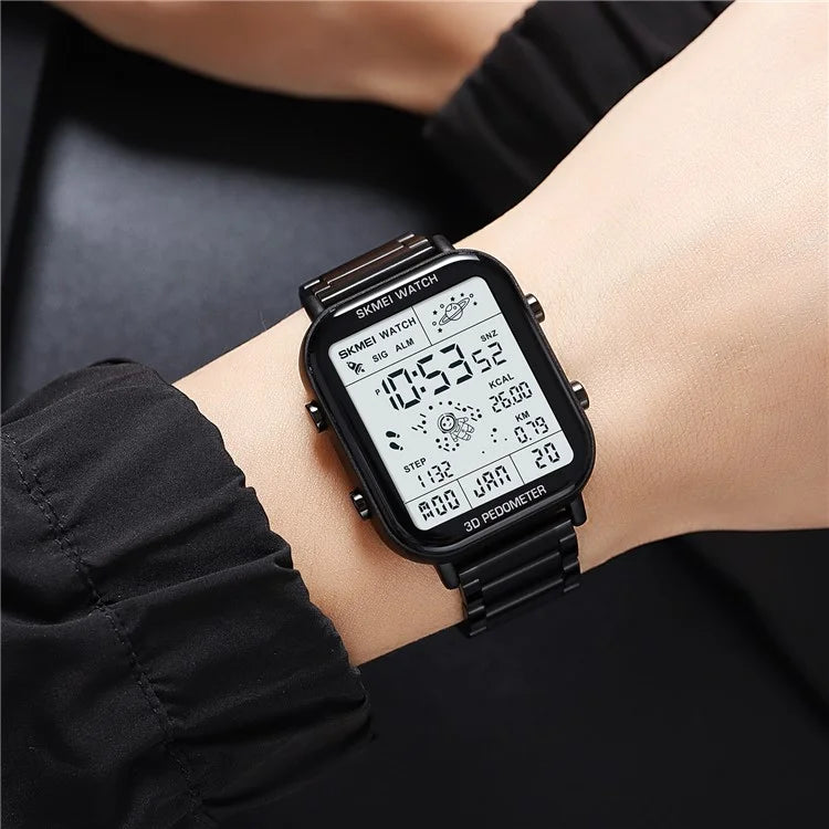 SKMEI 1888 Business Men Square Electronic Watch Steel Strap Sport Digital Watch
