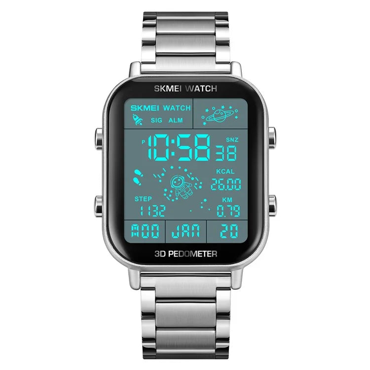 SKMEI 1888 Business Men Square Electronic Watch Steel Strap Sport Digital Watch