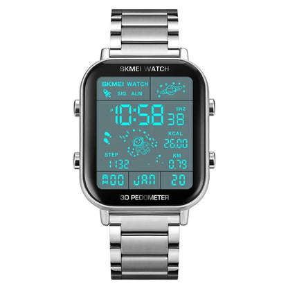 SKMEI 1888 Business Men Square Electronic Watch Steel Strap Sport Digital Watch
