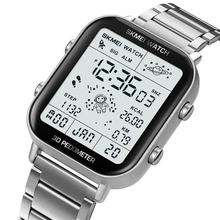SKMEI 1888 Business Men Square Electronic Watch Steel Strap Sport Digital Watch