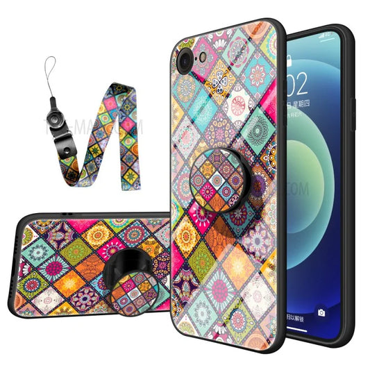 Colorful Flower Print Hybrid Glass Phone Case Cover with Kickstand Lanyard for iPhone 7/8 4.7 inch / SE (2020)/SE (2022)