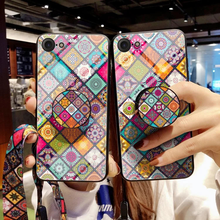 Colorful Flower Print Hybrid Glass Phone Case Cover with Kickstand Lanyard for iPhone 7/8 4.7 inch / SE (2020)/SE (2022)