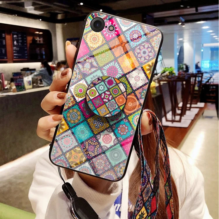 Colorful Flower Print Hybrid Glass Phone Case Cover with Kickstand Lanyard for iPhone 7/8 4.7 inch / SE (2020)/SE (2022)