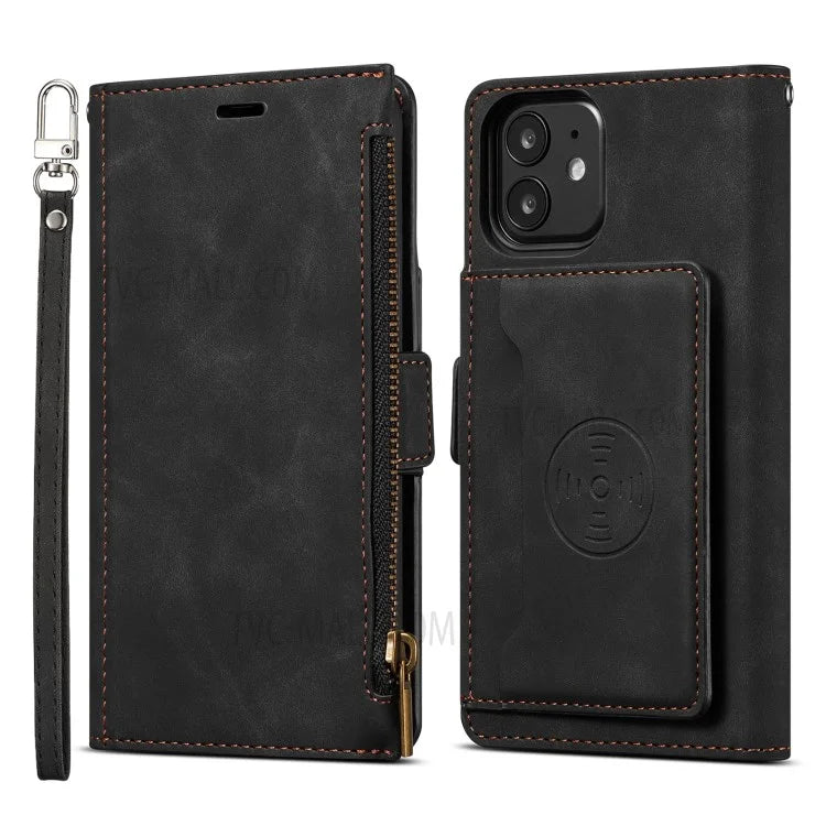 Kickstand Leather Phone Case Cover with Zipper Wallet for iPhone 12 /12 Pro