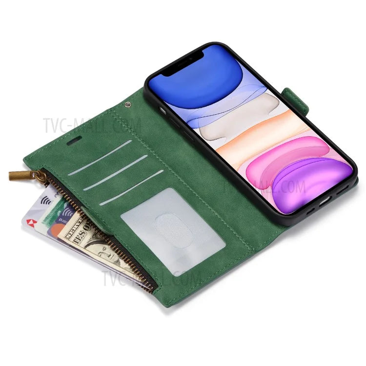 Kickstand Leather Phone Case Cover with Zipper Wallet for iPhone 12 /12 Pro