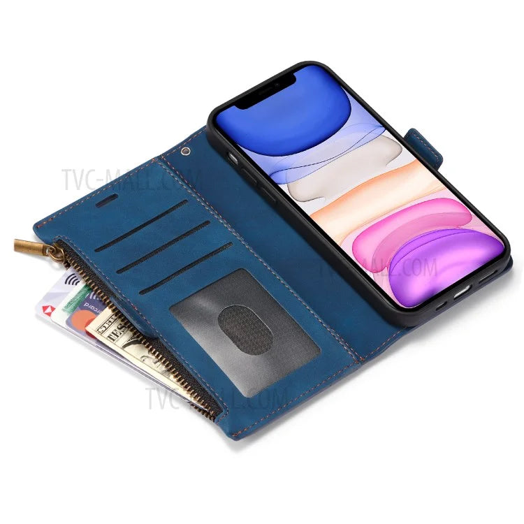 Kickstand Leather Phone Case Cover with Zipper Wallet for iPhone 12 /12 Pro