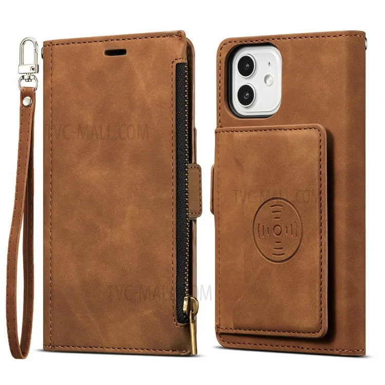 Kickstand Leather Phone Case Cover with Zipper Wallet for iPhone 12 /12 Pro