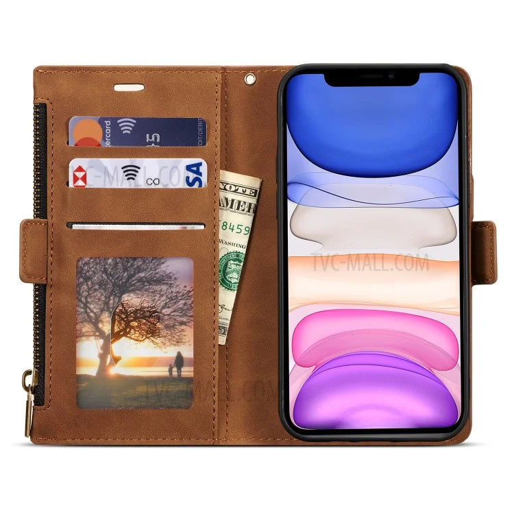 Kickstand Leather Phone Case Cover with Zipper Wallet for iPhone 12 /12 Pro