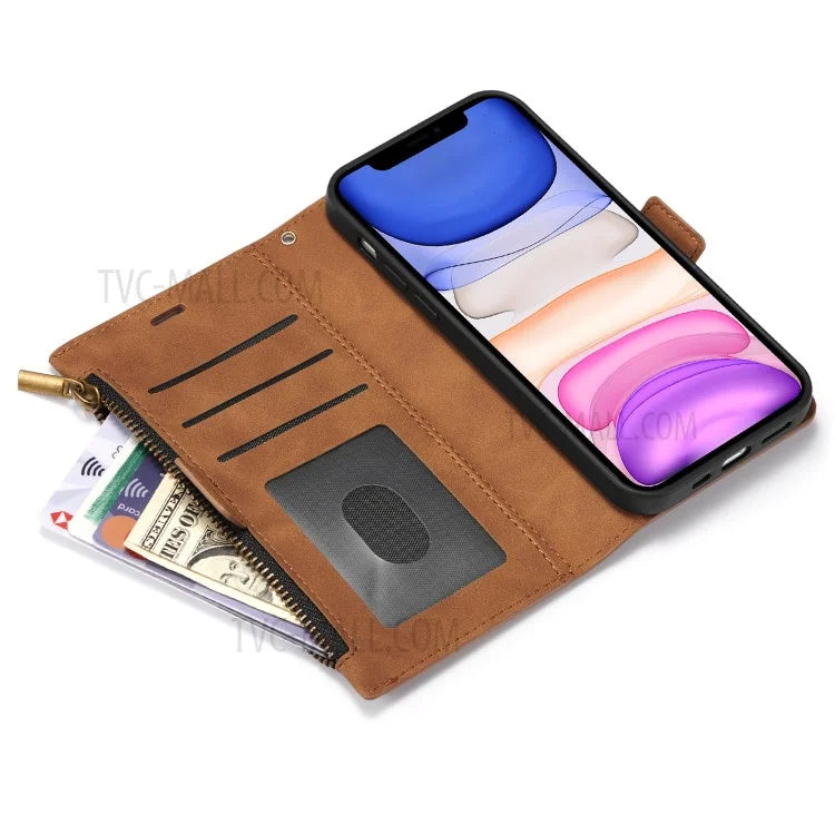Kickstand Leather Phone Case Cover with Zipper Wallet for iPhone 12 /12 Pro