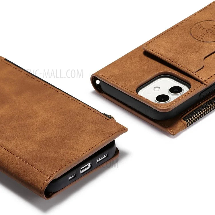 Kickstand Leather Phone Case Cover with Zipper Wallet for iPhone 12 /12 Pro
