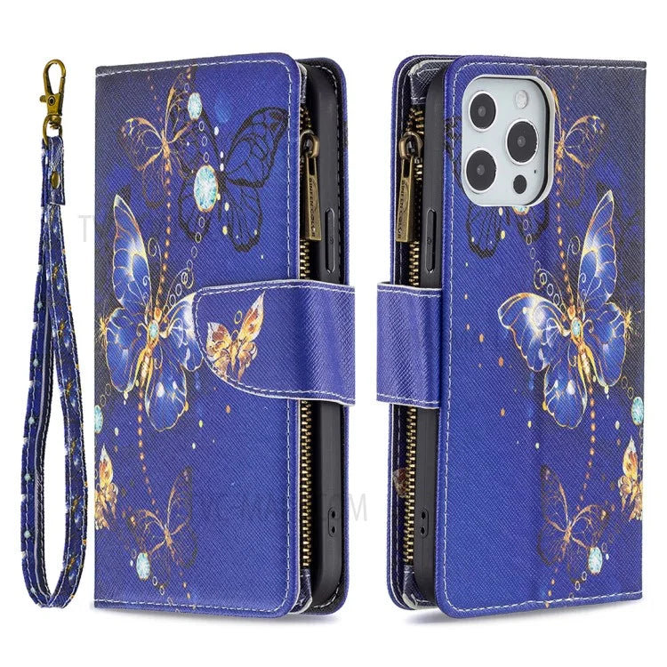 BF03 Stylish Pattern Printing 360° Protection Leather Stand Phone Cover with Wrist Strap and Zippered Wallet for iPhone 13 Pro Max 6.7 inch