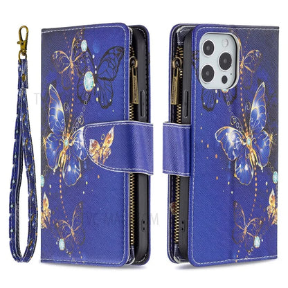 BF03 Stylish Pattern Printing 360° Protection Leather Stand Phone Cover with Wrist Strap and Zippered Wallet for iPhone 13 Pro Max 6.7 inch