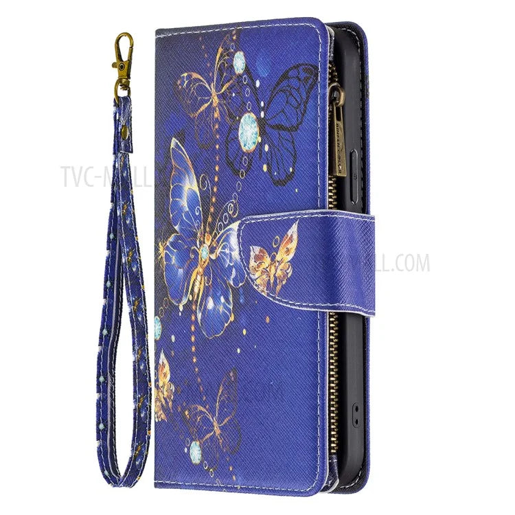BF03 Stylish Pattern Printing 360° Protection Leather Stand Phone Cover with Wrist Strap and Zippered Wallet for iPhone 13 Pro Max 6.7 inch