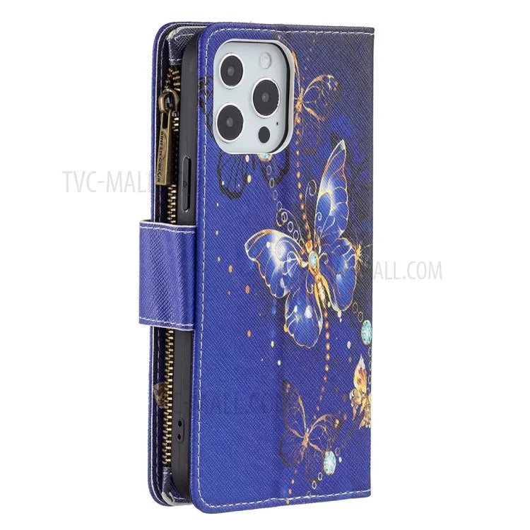 BF03 Stylish Pattern Printing 360° Protection Leather Stand Phone Cover with Wrist Strap and Zippered Wallet for iPhone 13 Pro Max 6.7 inch