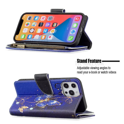 BF03 Stylish Pattern Printing 360° Protection Leather Stand Phone Cover with Wrist Strap and Zippered Wallet for iPhone 13 Pro Max 6.7 inch