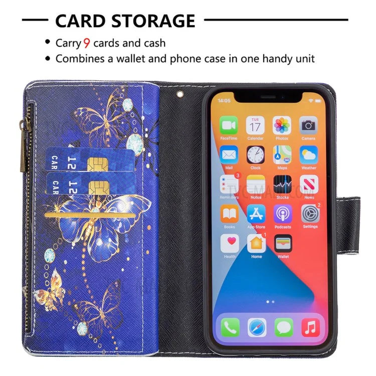 BF03 Stylish Pattern Printing 360° Protection Leather Stand Phone Cover with Wrist Strap and Zippered Wallet for iPhone 13 Pro Max 6.7 inch