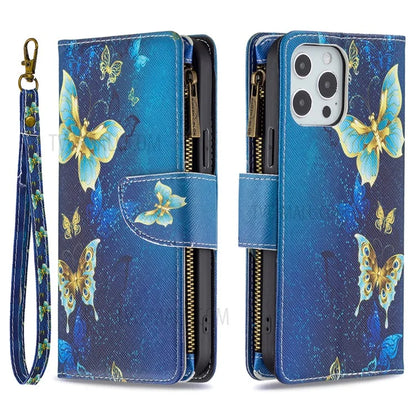 BF03 Stylish Pattern Printing 360° Protection Leather Stand Phone Cover with Wrist Strap and Zippered Wallet for iPhone 13 Pro Max 6.7 inch