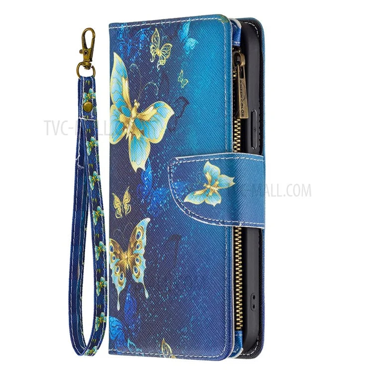 BF03 Stylish Pattern Printing 360° Protection Leather Stand Phone Cover with Wrist Strap and Zippered Wallet for iPhone 13 Pro Max 6.7 inch