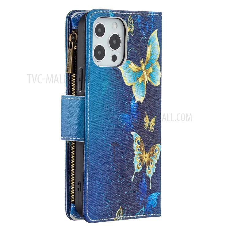 BF03 Stylish Pattern Printing 360° Protection Leather Stand Phone Cover with Wrist Strap and Zippered Wallet for iPhone 13 Pro Max 6.7 inch