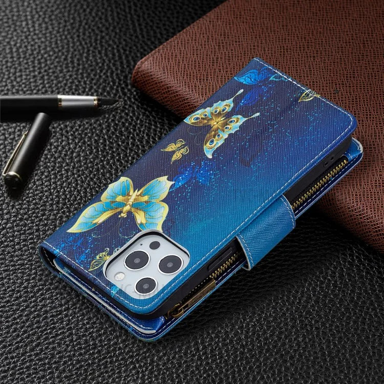 BF03 Stylish Pattern Printing 360° Protection Leather Stand Phone Cover with Wrist Strap and Zippered Wallet for iPhone 13 Pro Max 6.7 inch