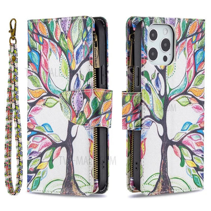 BF03 Stylish Pattern Printing 360° Protection Leather Stand Phone Cover with Wrist Strap and Zippered Wallet for iPhone 13 Pro Max 6.7 inch