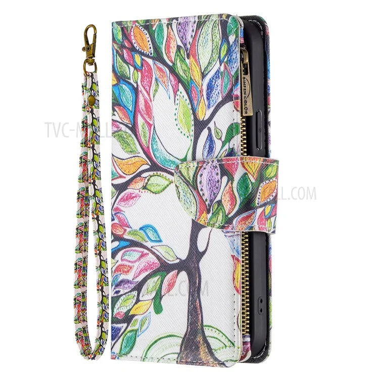 BF03 Stylish Pattern Printing 360° Protection Leather Stand Phone Cover with Wrist Strap and Zippered Wallet for iPhone 13 Pro Max 6.7 inch