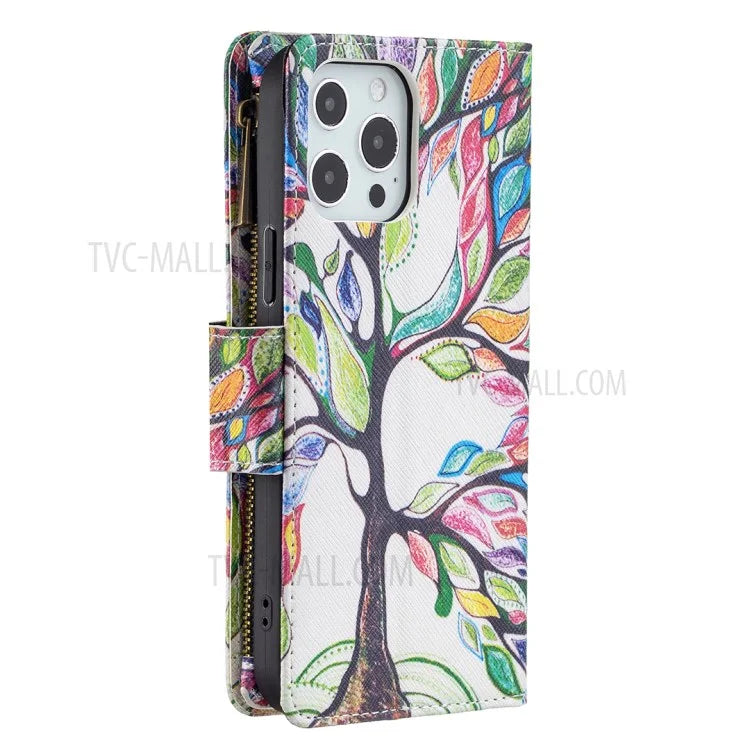 BF03 Stylish Pattern Printing 360° Protection Leather Stand Phone Cover with Wrist Strap and Zippered Wallet for iPhone 13 Pro Max 6.7 inch