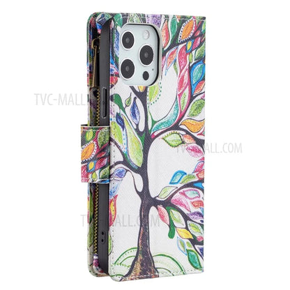 BF03 Stylish Pattern Printing 360° Protection Leather Stand Phone Cover with Wrist Strap and Zippered Wallet for iPhone 13 Pro Max 6.7 inch