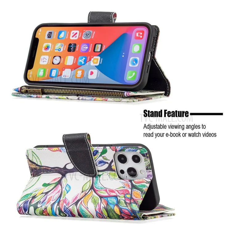 BF03 Stylish Pattern Printing 360° Protection Leather Stand Phone Cover with Wrist Strap and Zippered Wallet for iPhone 13 Pro Max 6.7 inch