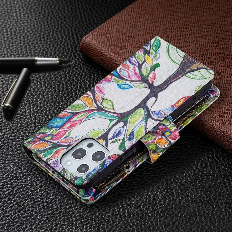 BF03 Stylish Pattern Printing 360° Protection Leather Stand Phone Cover with Wrist Strap and Zippered Wallet for iPhone 13 Pro Max 6.7 inch