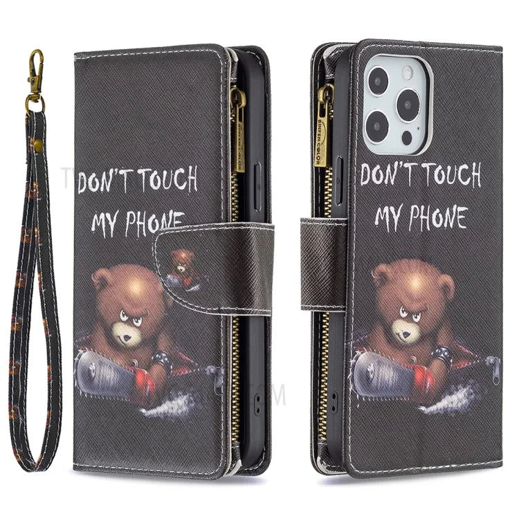 BF03 Stylish Pattern Printing 360° Protection Leather Stand Phone Cover with Wrist Strap and Zippered Wallet for iPhone 13 Pro Max 6.7 inch