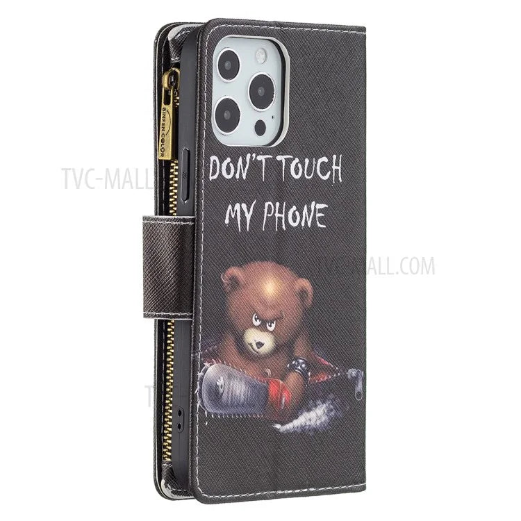 BF03 Stylish Pattern Printing 360° Protection Leather Stand Phone Cover with Wrist Strap and Zippered Wallet for iPhone 13 Pro Max 6.7 inch