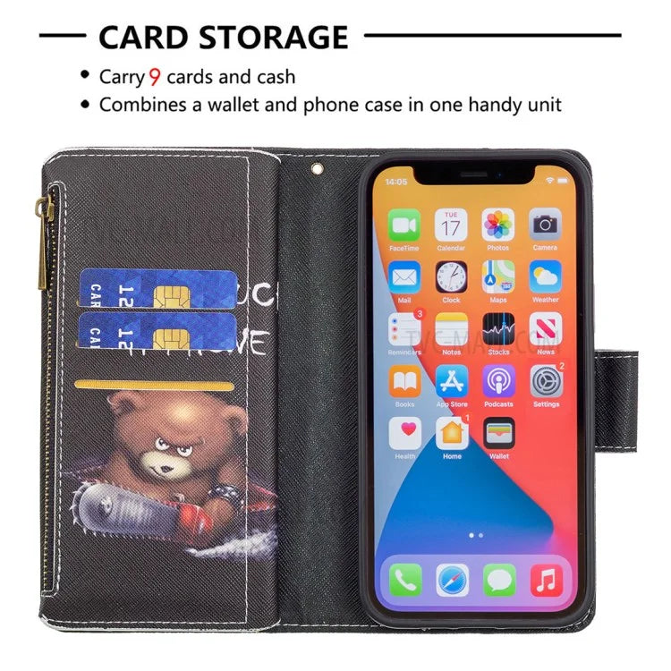 BF03 Stylish Pattern Printing 360° Protection Leather Stand Phone Cover with Wrist Strap and Zippered Wallet for iPhone 13 Pro Max 6.7 inch