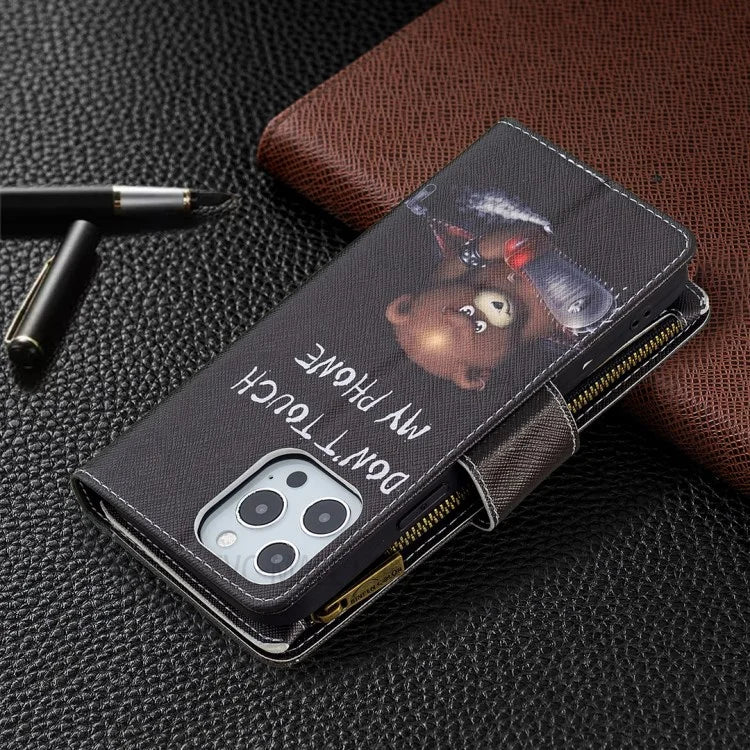 BF03 Stylish Pattern Printing 360° Protection Leather Stand Phone Cover with Wrist Strap and Zippered Wallet for iPhone 13 Pro Max 6.7 inch