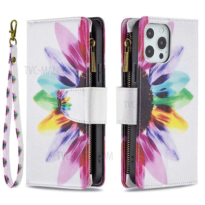 BF03 Stylish Pattern Printing 360° Protection Leather Stand Phone Cover with Wrist Strap and Zippered Wallet for iPhone 13 Pro Max 6.7 inch