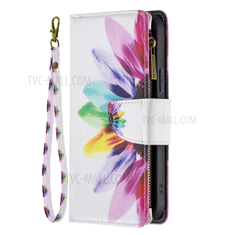 BF03 Stylish Pattern Printing 360° Protection Leather Stand Phone Cover with Wrist Strap and Zippered Wallet for iPhone 13 Pro Max 6.7 inch