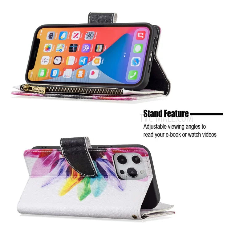 BF03 Stylish Pattern Printing 360° Protection Leather Stand Phone Cover with Wrist Strap and Zippered Wallet for iPhone 13 Pro Max 6.7 inch