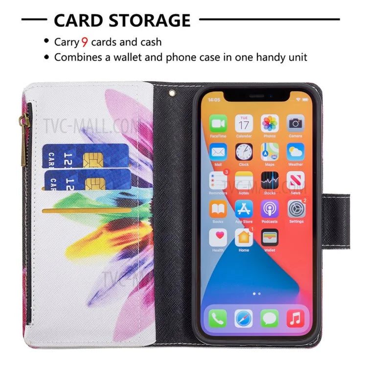 BF03 Stylish Pattern Printing 360° Protection Leather Stand Phone Cover with Wrist Strap and Zippered Wallet for iPhone 13 Pro Max 6.7 inch