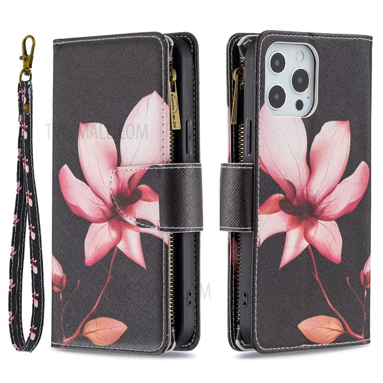 BF03 Stylish Pattern Printing 360° Protection Leather Stand Phone Cover with Wrist Strap and Zippered Wallet for iPhone 13 Pro Max 6.7 inch