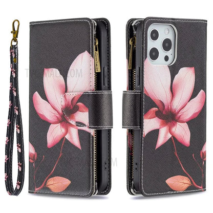 BF03 Stylish Pattern Printing 360° Protection Leather Stand Phone Cover with Wrist Strap and Zippered Wallet for iPhone 13 Pro Max 6.7 inch