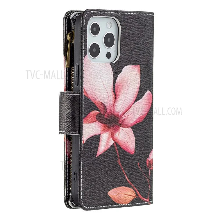 BF03 Stylish Pattern Printing 360° Protection Leather Stand Phone Cover with Wrist Strap and Zippered Wallet for iPhone 13 Pro Max 6.7 inch