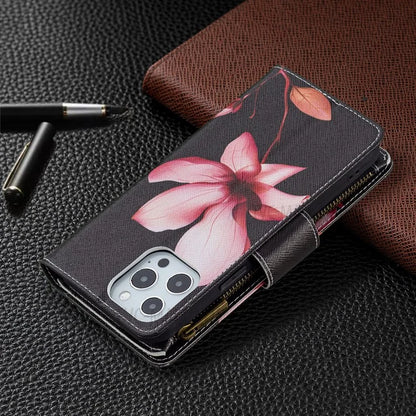 BF03 Stylish Pattern Printing 360° Protection Leather Stand Phone Cover with Wrist Strap and Zippered Wallet for iPhone 13 Pro Max 6.7 inch