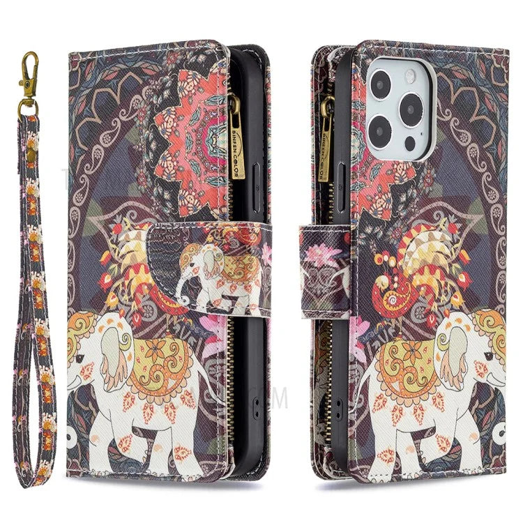 BF03 Stylish Pattern Printing 360° Protection Leather Stand Phone Cover with Wrist Strap and Zippered Wallet for iPhone 13 Pro Max 6.7 inch