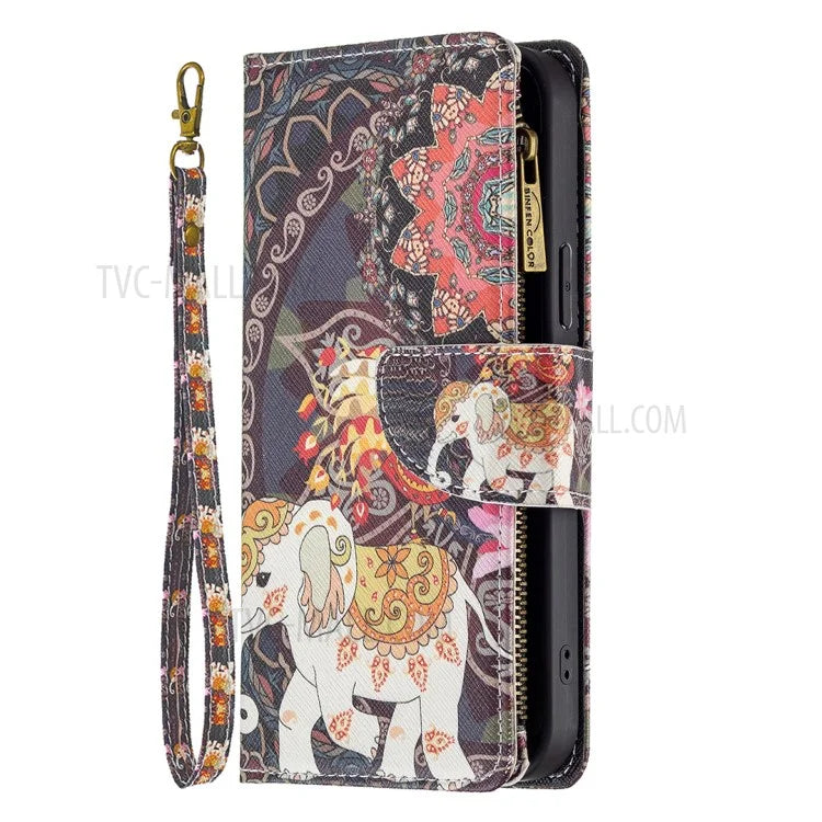 BF03 Stylish Pattern Printing 360° Protection Leather Stand Phone Cover with Wrist Strap and Zippered Wallet for iPhone 13 Pro Max 6.7 inch