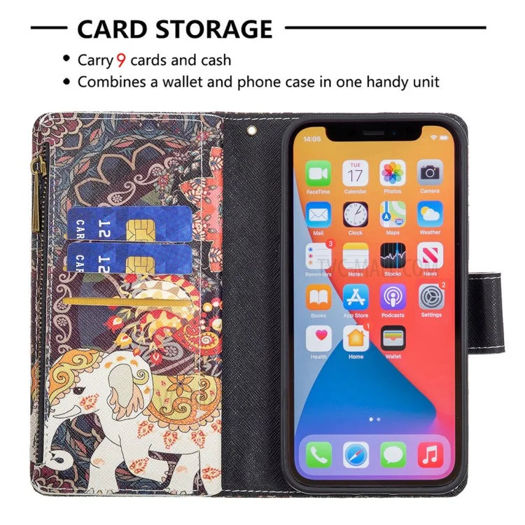 BF03 Stylish Pattern Printing 360° Protection Leather Stand Phone Cover with Wrist Strap and Zippered Wallet for iPhone 13 Pro Max 6.7 inch