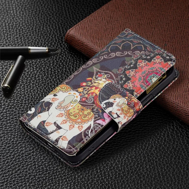 BF03 Stylish Pattern Printing 360° Protection Leather Stand Phone Cover with Wrist Strap and Zippered Wallet for iPhone 13 Pro Max 6.7 inch
