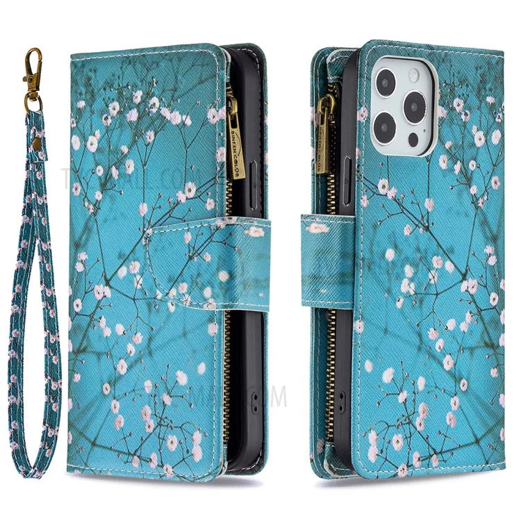 BF03 Stylish Pattern Printing 360° Protection Leather Stand Phone Cover with Wrist Strap and Zippered Wallet for iPhone 13 Pro Max 6.7 inch