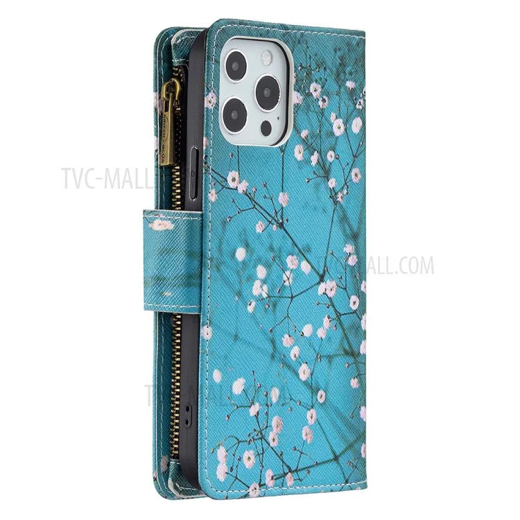 BF03 Stylish Pattern Printing 360° Protection Leather Stand Phone Cover with Wrist Strap and Zippered Wallet for iPhone 13 Pro Max 6.7 inch