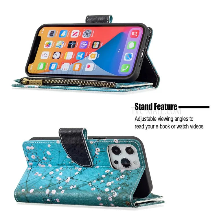 BF03 Stylish Pattern Printing 360° Protection Leather Stand Phone Cover with Wrist Strap and Zippered Wallet for iPhone 13 Pro Max 6.7 inch